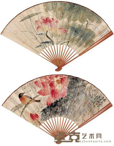 张辛稼 徐绍青 癸未（1943年）作 荷塘鸟趣图 成扇 